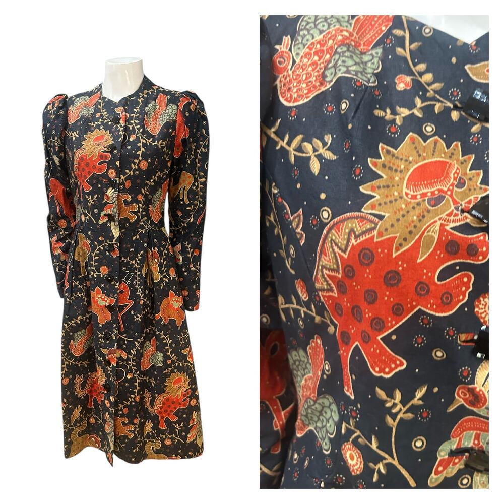 Vintage Folk Art Boho Animal Print Long Coat Puff Shoulders / Women’s XS ^